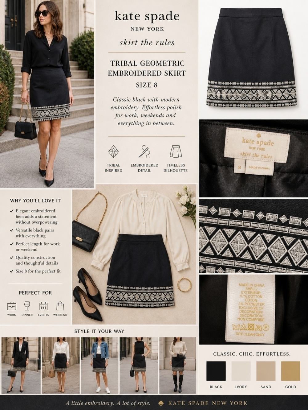 Sz 8 Kate Spade "Skirt The Rules" Tribal Geometric Embroidered Skirt